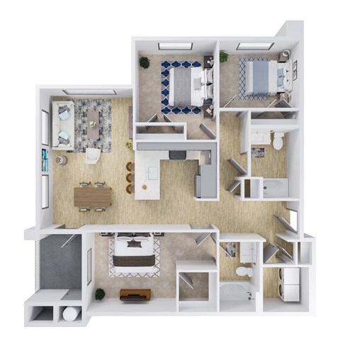 Floor plan for 3 beds, 2 baths, 1299 sqft